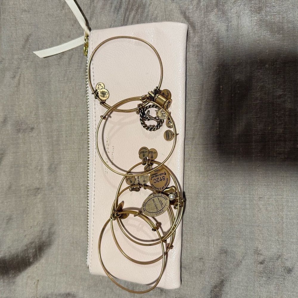 Amex and Ani stack 5 Gold Charm Bangle Bracelets mint julep oyster pearl anchor